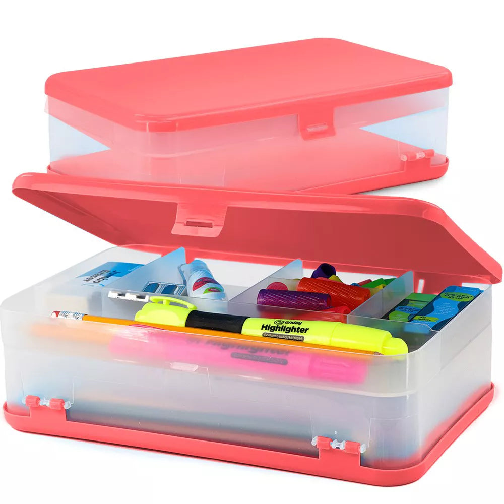 Enday Pencil Box Blue, Large Capacity Plastic Double Deck Box with 12 Compartments, Plastic Pencil Box with Snap-Tight Lid, Hard Pencil Case Storage Organizer Pencil Boxes