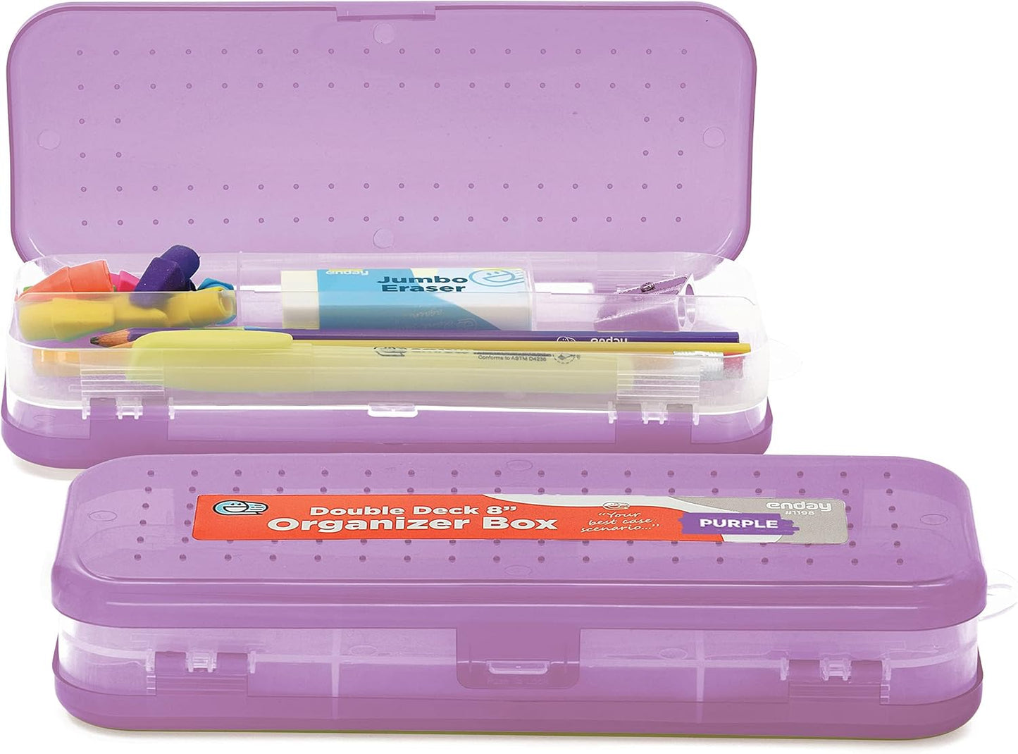 Enday Pencil Box Blue, Plastic Double Deck Pencil Case with 7 Compartments, Box Organizer with Snap Closure for Home and Office