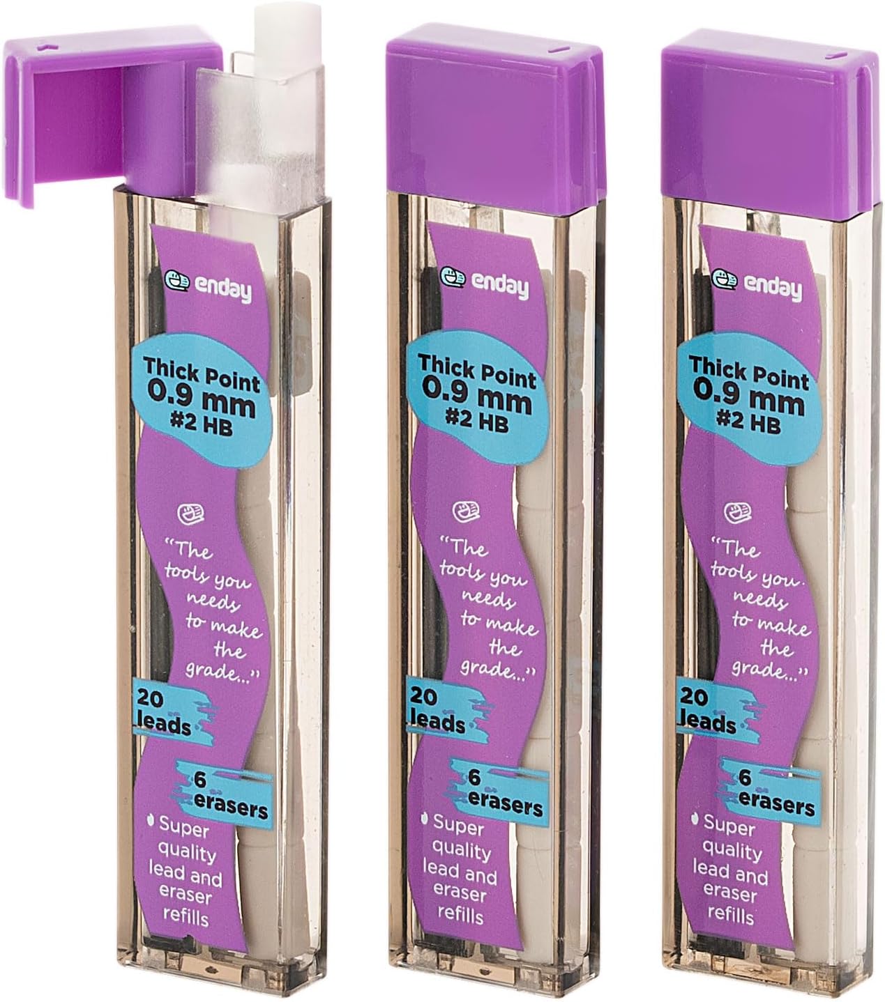 Enday Mechanical Pencil Refills, Black HB #2 Lead, White Eraser, Pack of 3 (30 Leads & 6 Erasers)