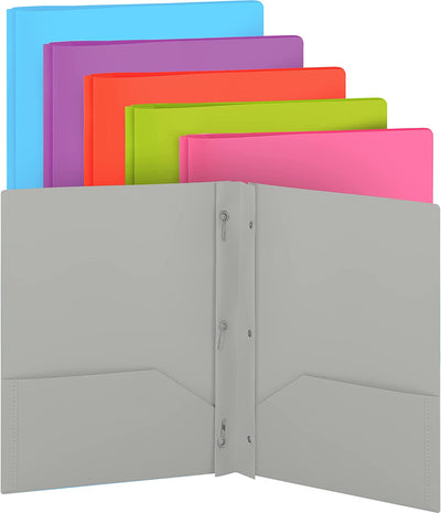 plastic Solid Color 2-Pockets Poly Portfolio w/ 3 Prongs grey