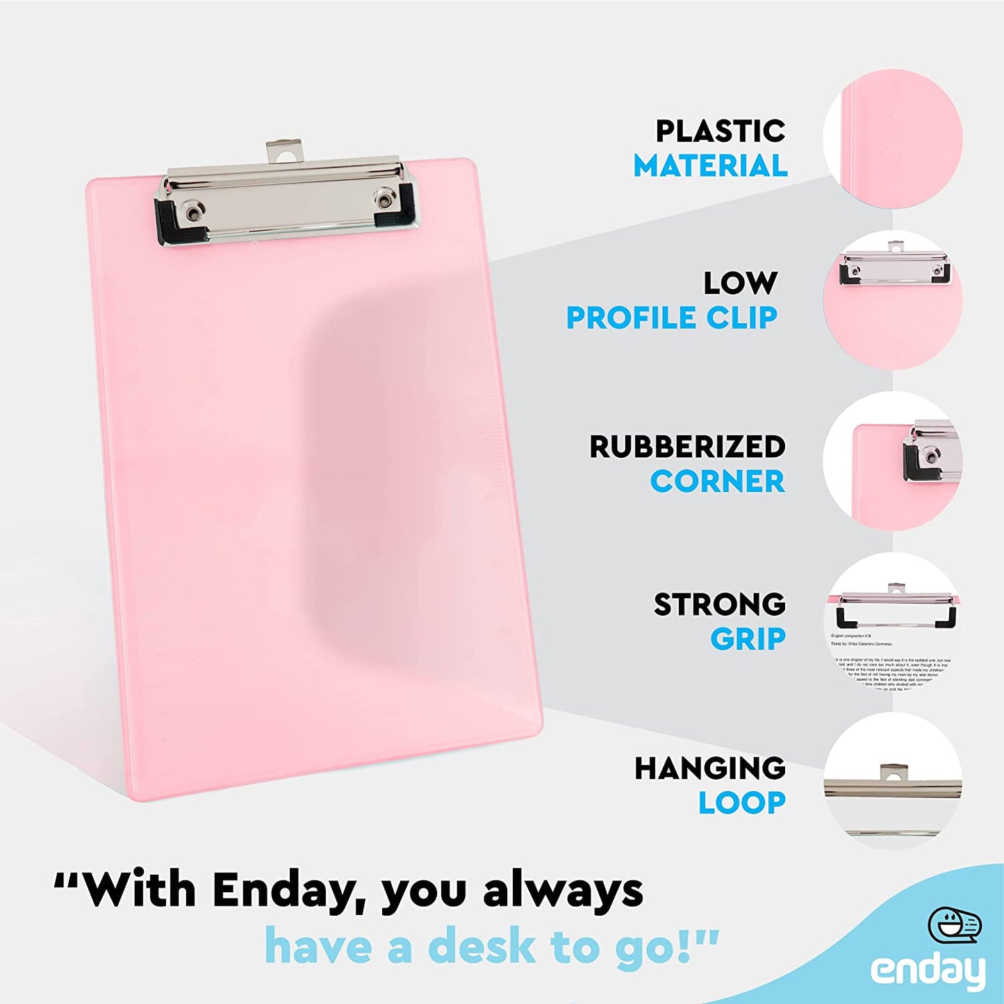 Memo Size Plastic Clipboard w/ Low Profile Clip pink