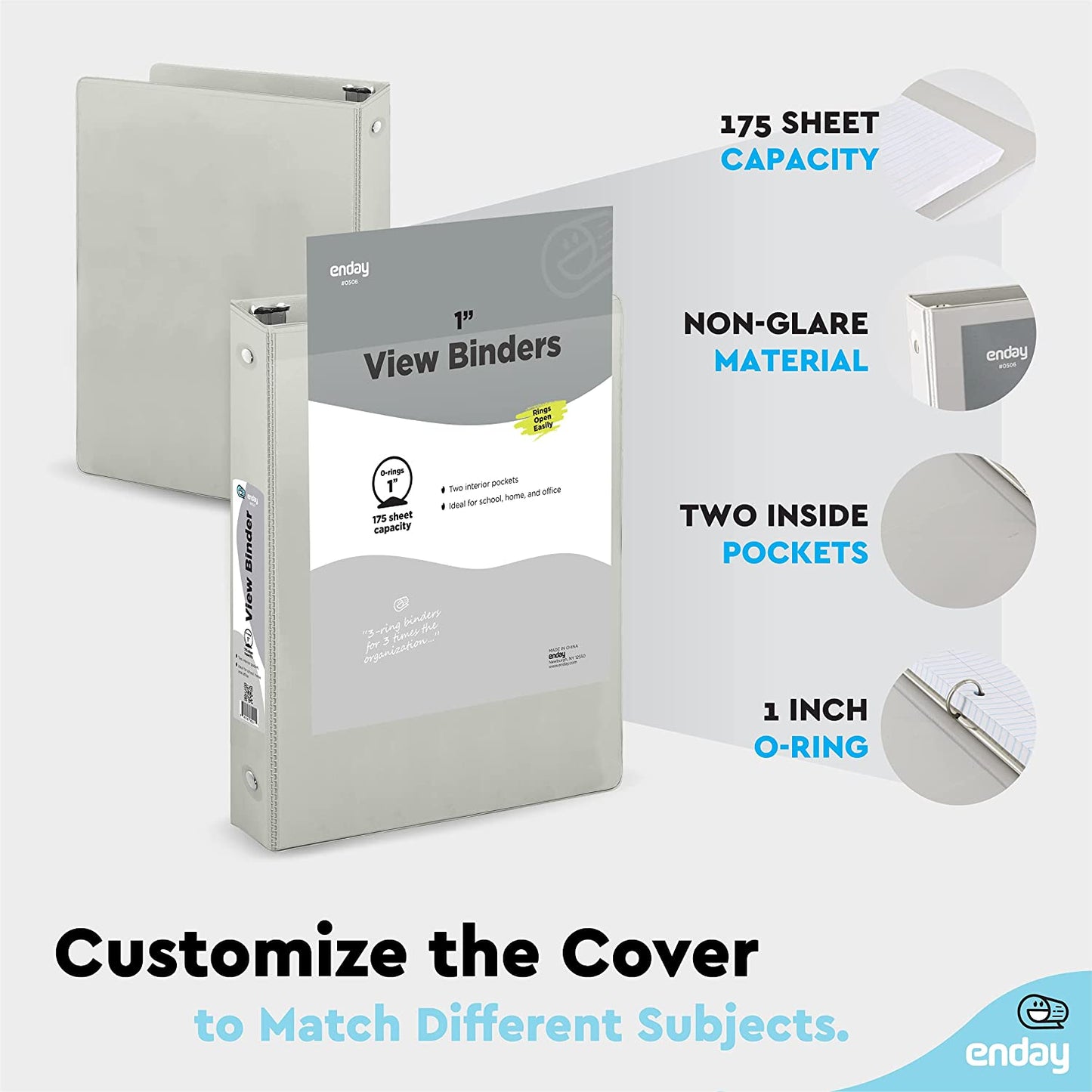 1" 3-Ring View Binder w/ 2-Pockets - Grey