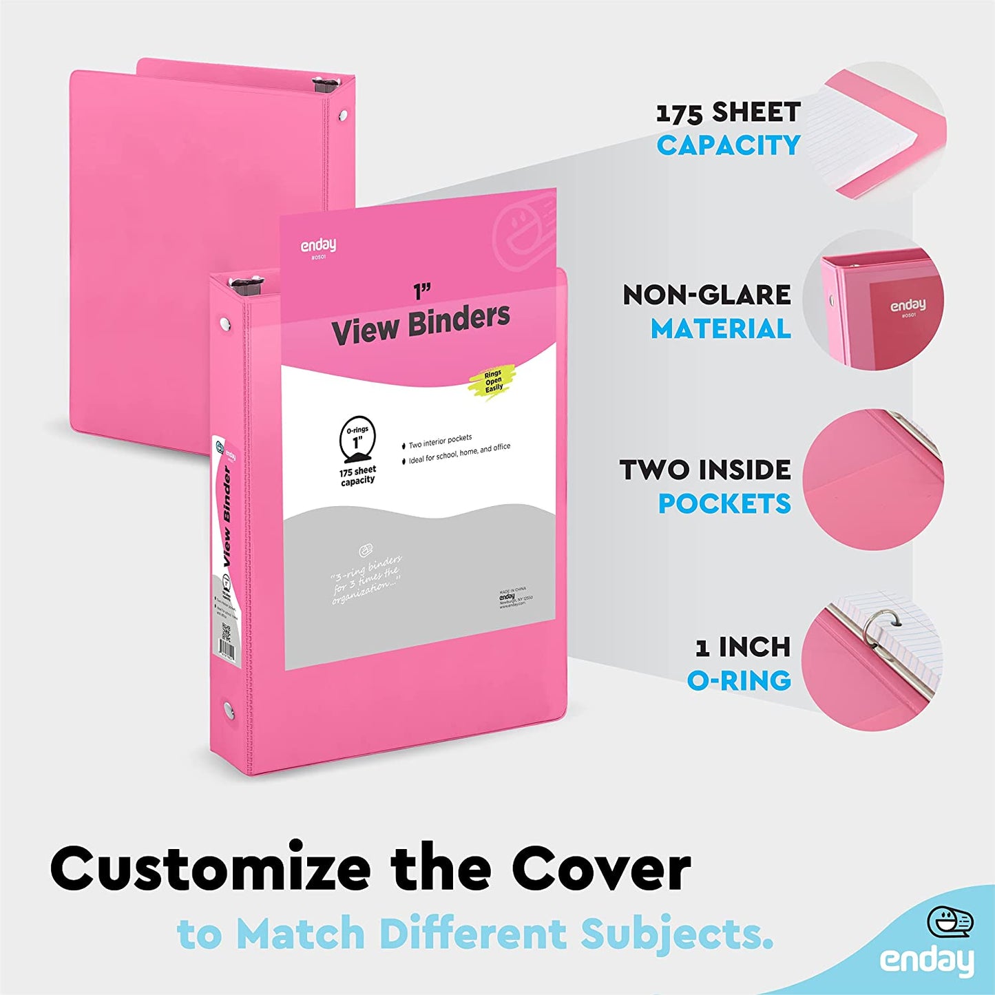 1" 3-Ring View Binder w/ 2-Pockets - Pink