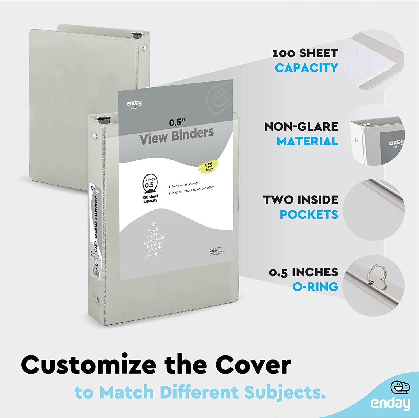 1/2" 3-Ring View Binder w/ 2-Pockets - Grey