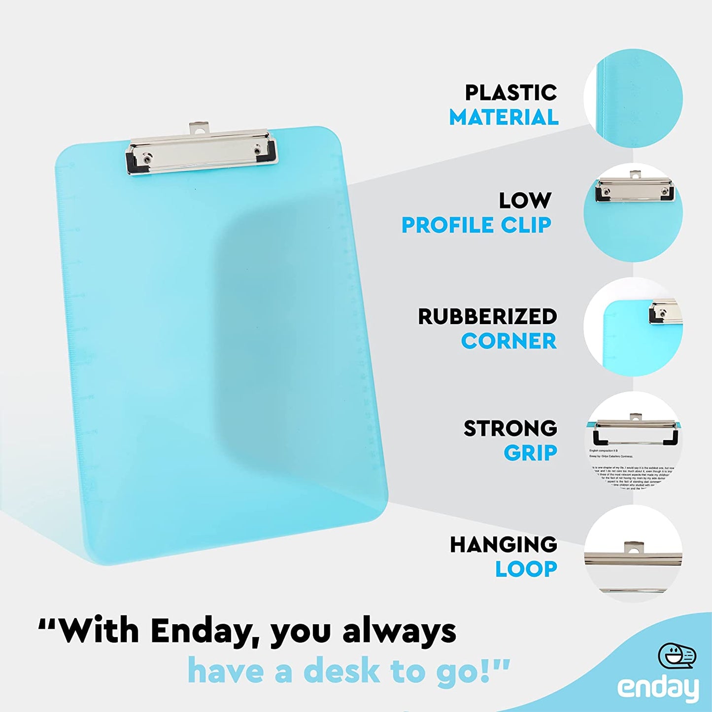 Standard Size Plastic Clipboard 9" x 12" With Hang Loop Low Profile Clip and Rounded Corners - Blue