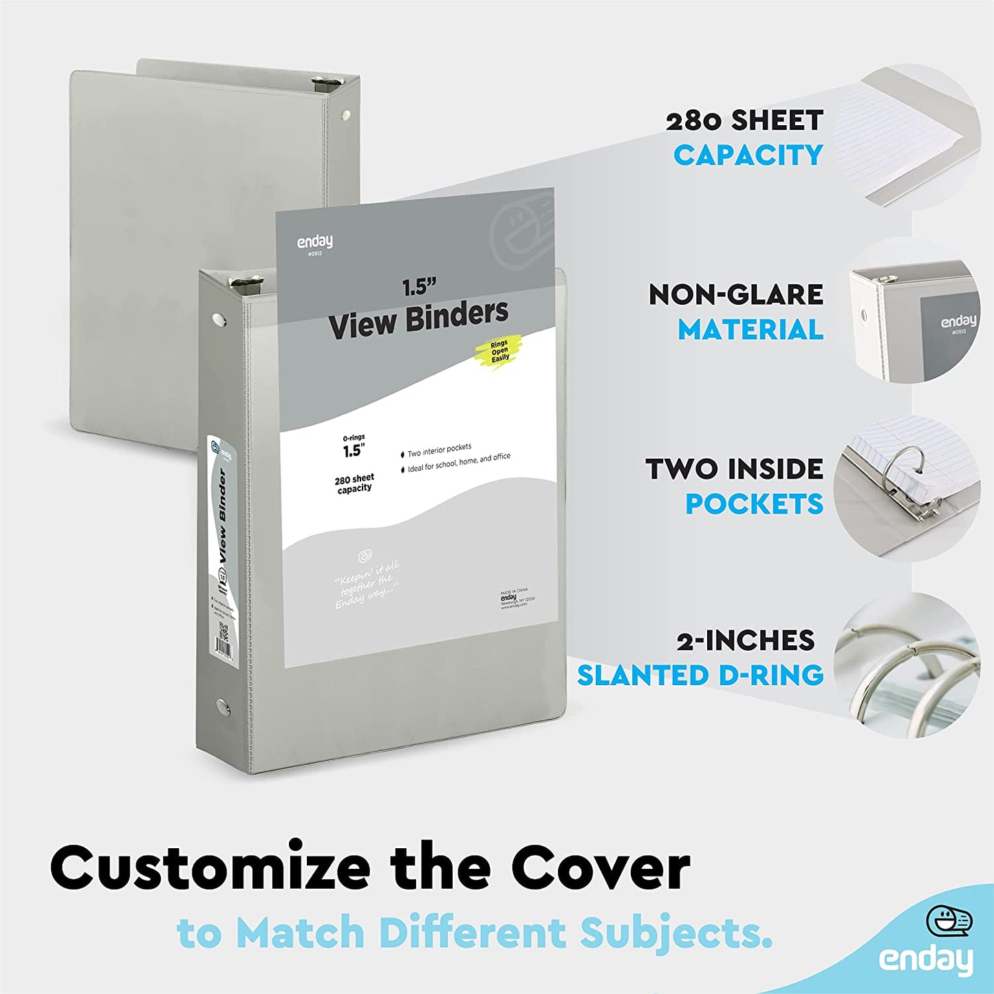 1.5" 3-Ring View Binder w/ 2-Pockets grey