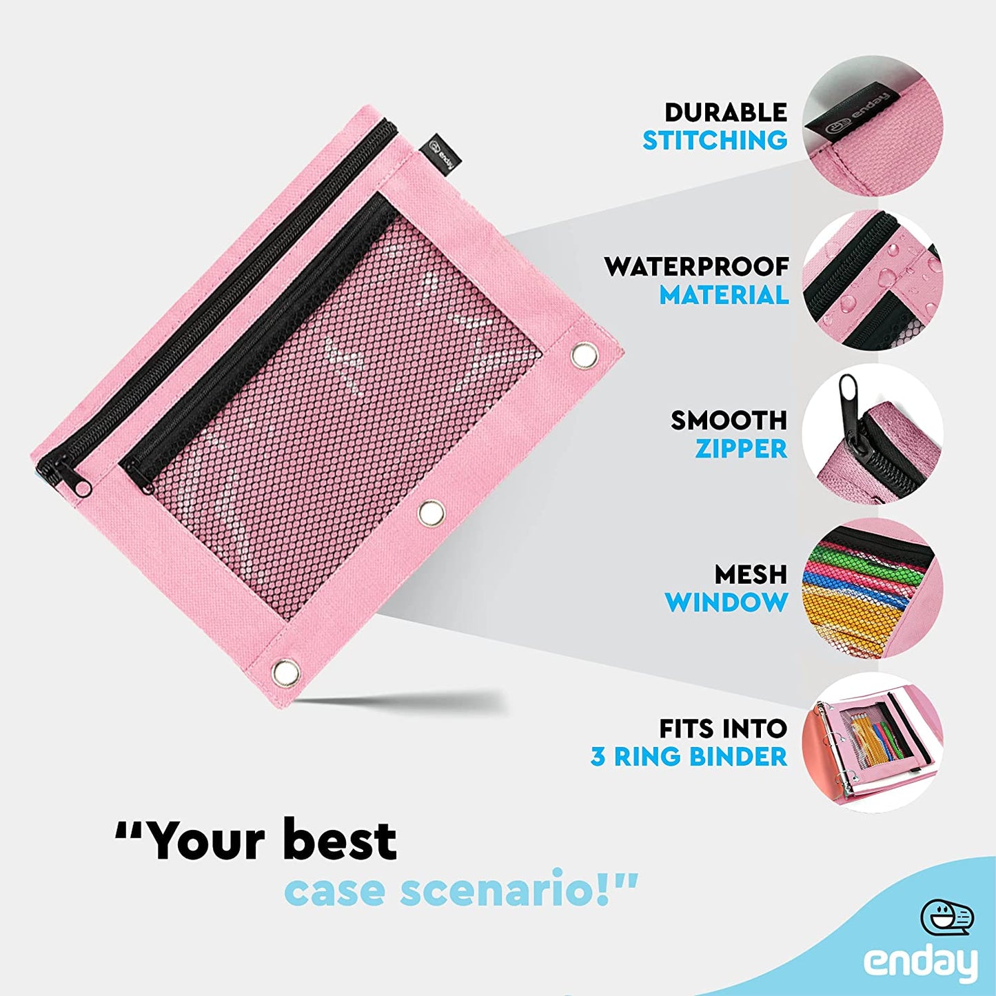 Double zipper 3-ring pencil pouch with mesh window pink