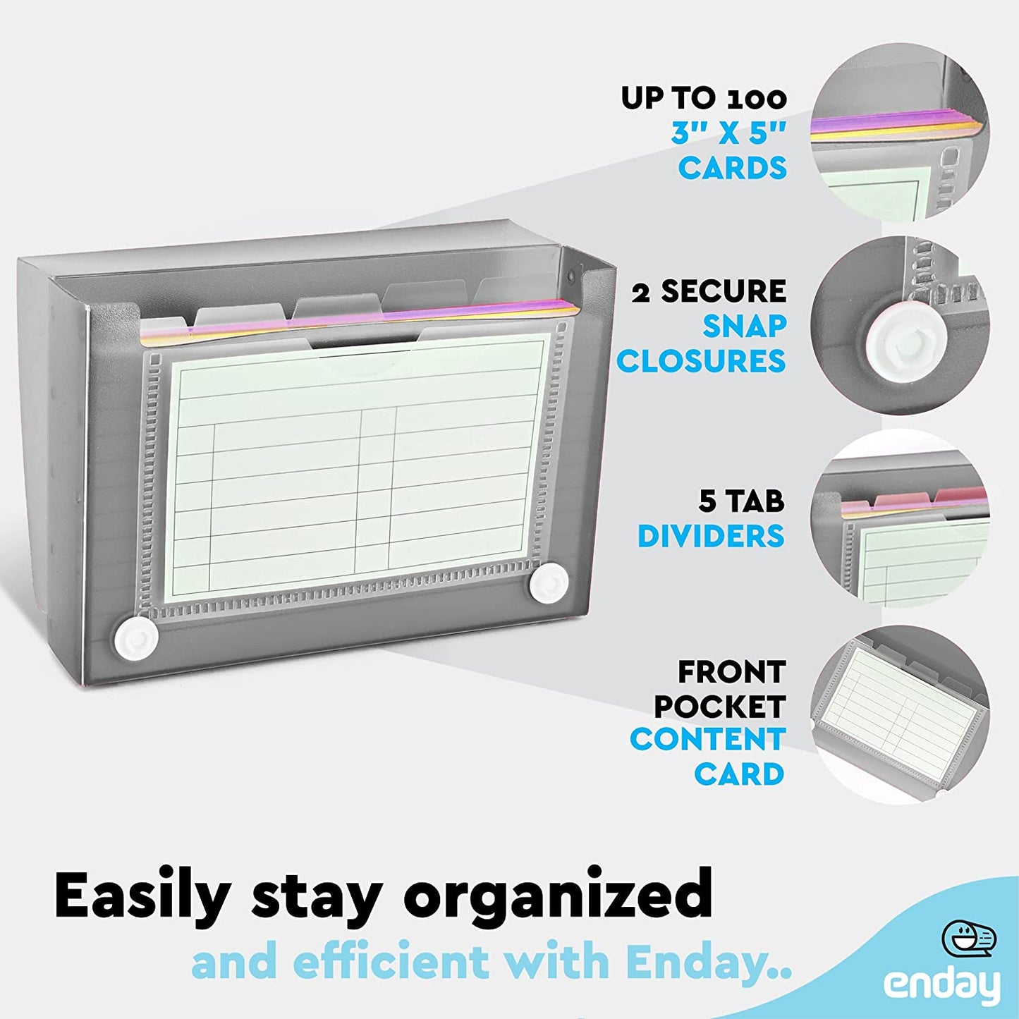 3" X 5" Index Card Case Holds 5 Tab Dividers grey