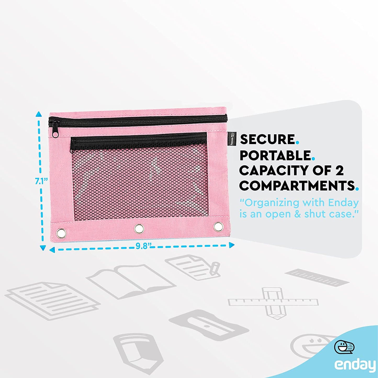 Double zipper 3-ring pencil pouch with mesh window pink