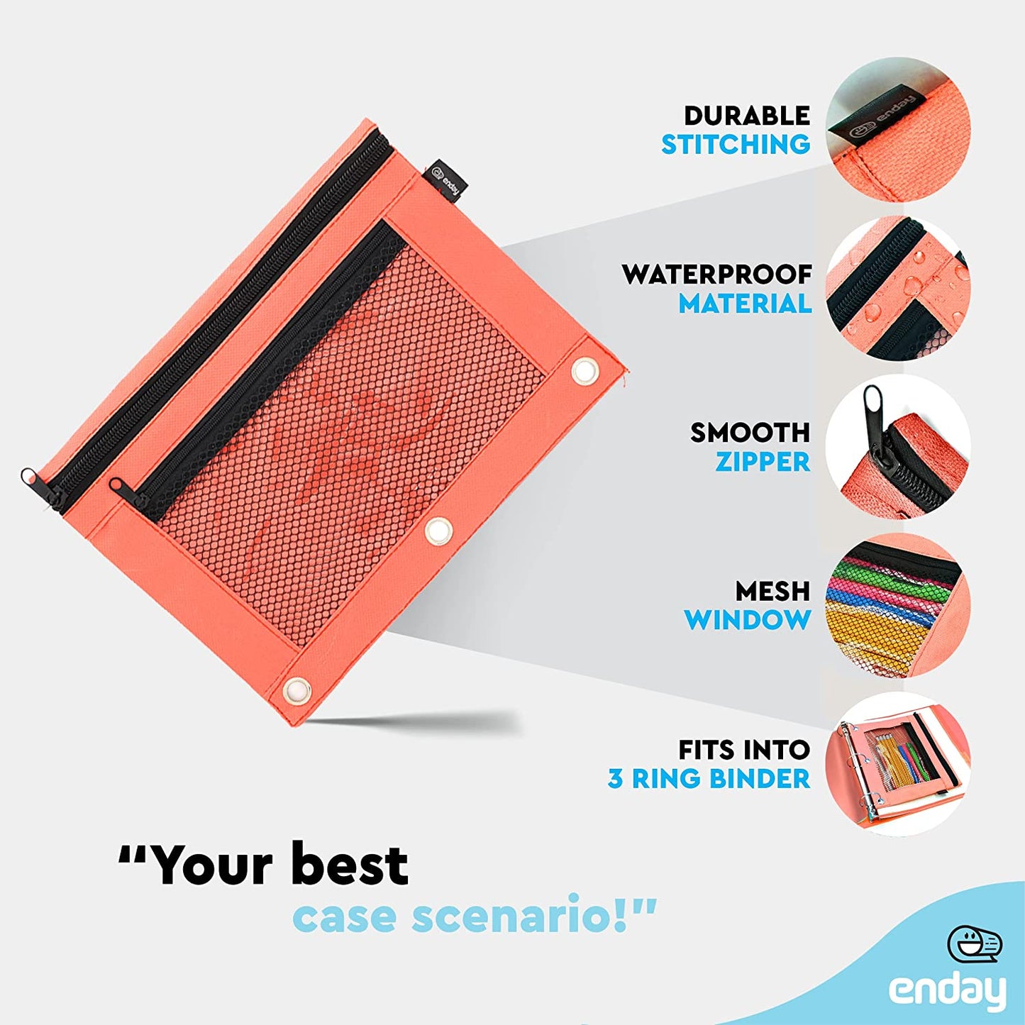 Double zipper 3-ring pencil pouch with mesh window Red