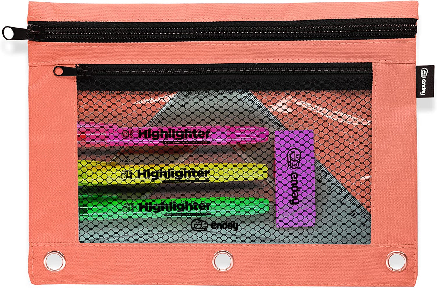 Double zipper 3-ring pencil pouch with mesh window Red