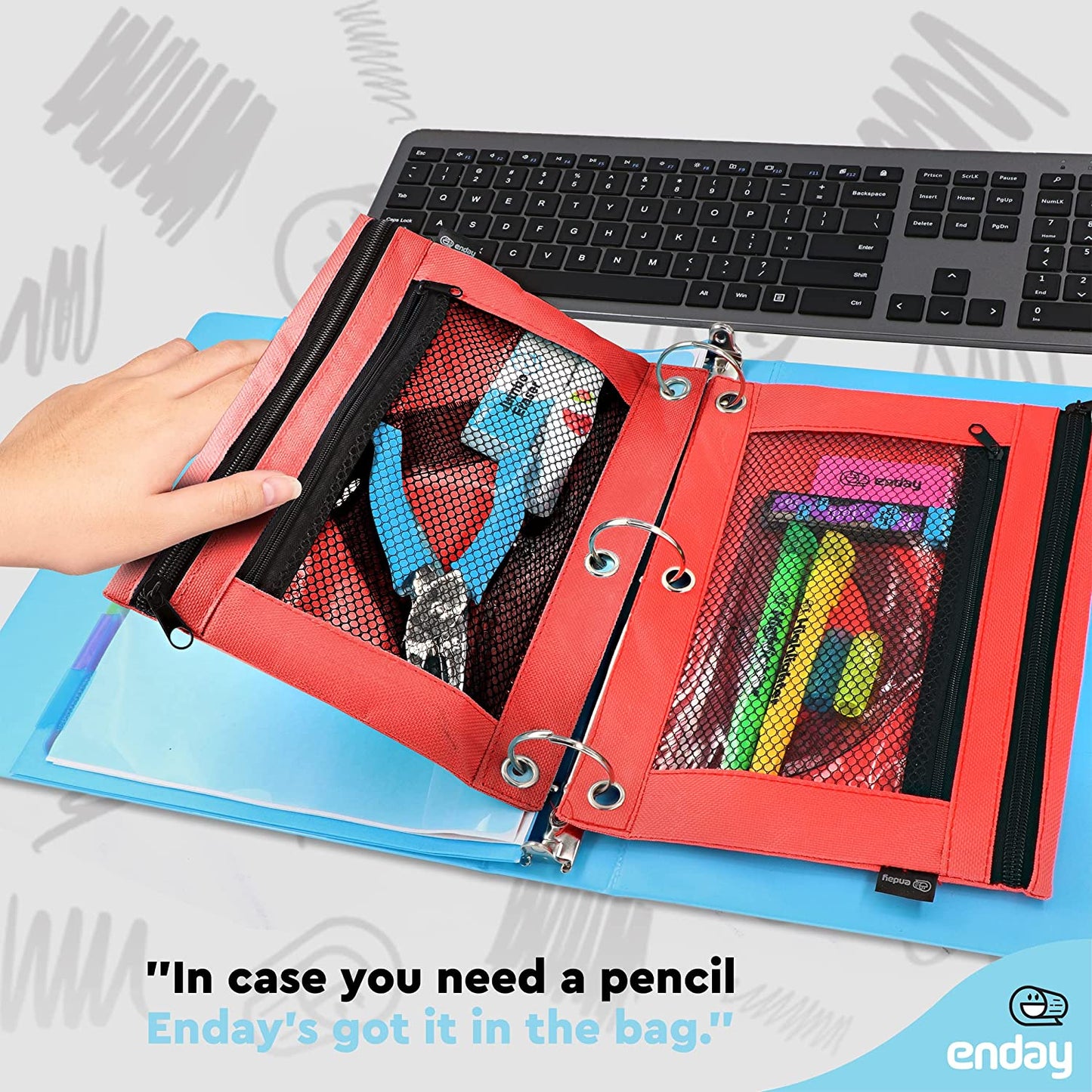 Double zipper 3-ring pencil pouch with mesh window Red