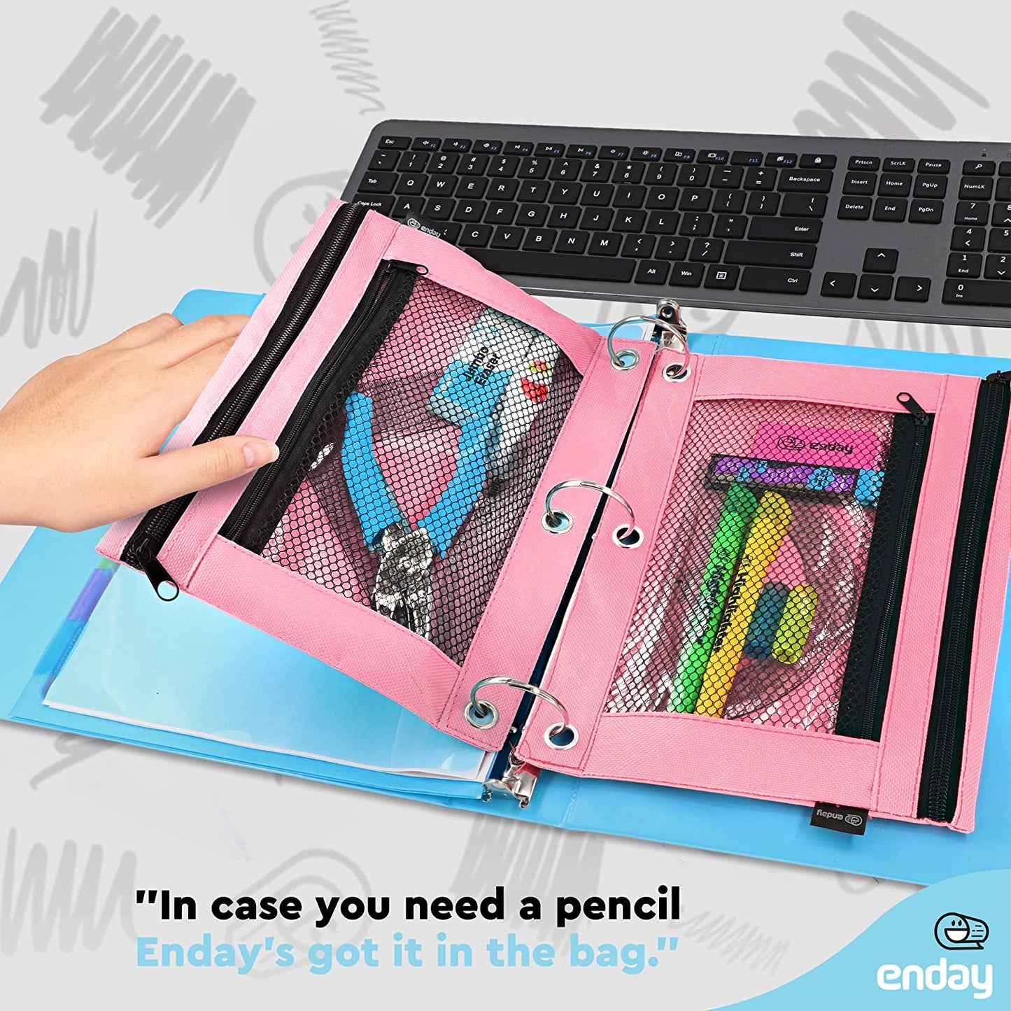 Double zipper 3-ring pencil pouch with mesh window pink
