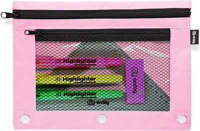 Double zipper 3-ring pencil pouch with mesh window pink