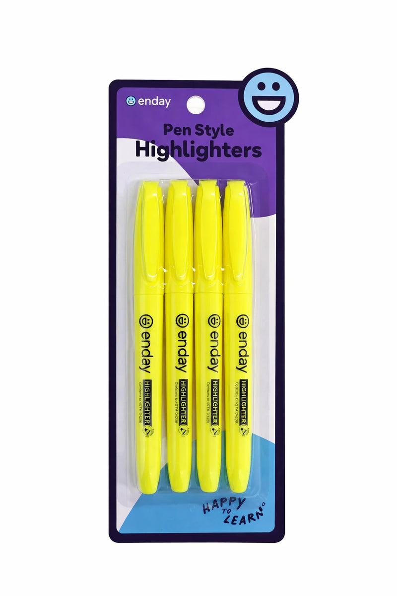 Pen Style Fluorescent Highlighter Yellow w/ Pocket Clip (4/Pack)