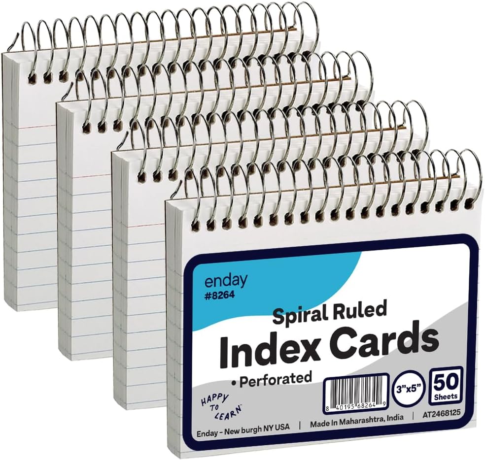 Emraw Spiral Index Cards 3x5 Ruled (4 Pack) - Spiral Bound Index Cards, 50 Page Index Card Book, Bound Flash Cards for Studying, Lined Note Cards for Office, School Supply, College