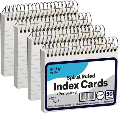 Emraw Spiral Index Cards 3x5 Ruled (4 Pack) - Spiral Bound Index Cards, 50 Page Index Card Book, Bound Flash Cards for Studying, Lined Note Cards for Office, School Supply, College
