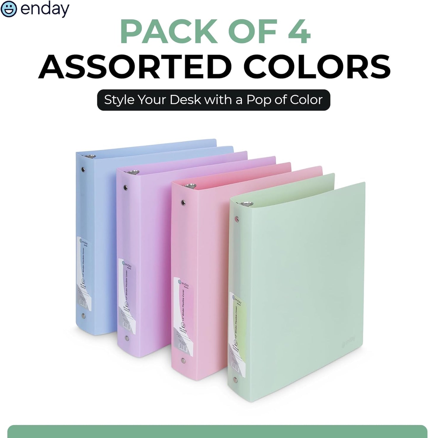 Enday 3 Ring Binder 1.5 inch (4 Pack) Pastel Flexible Binders Round Ring with Pocket, Holds 280 Sheets, for Home and School Supplies in Blue, Purple, Pink and Green – by Enday