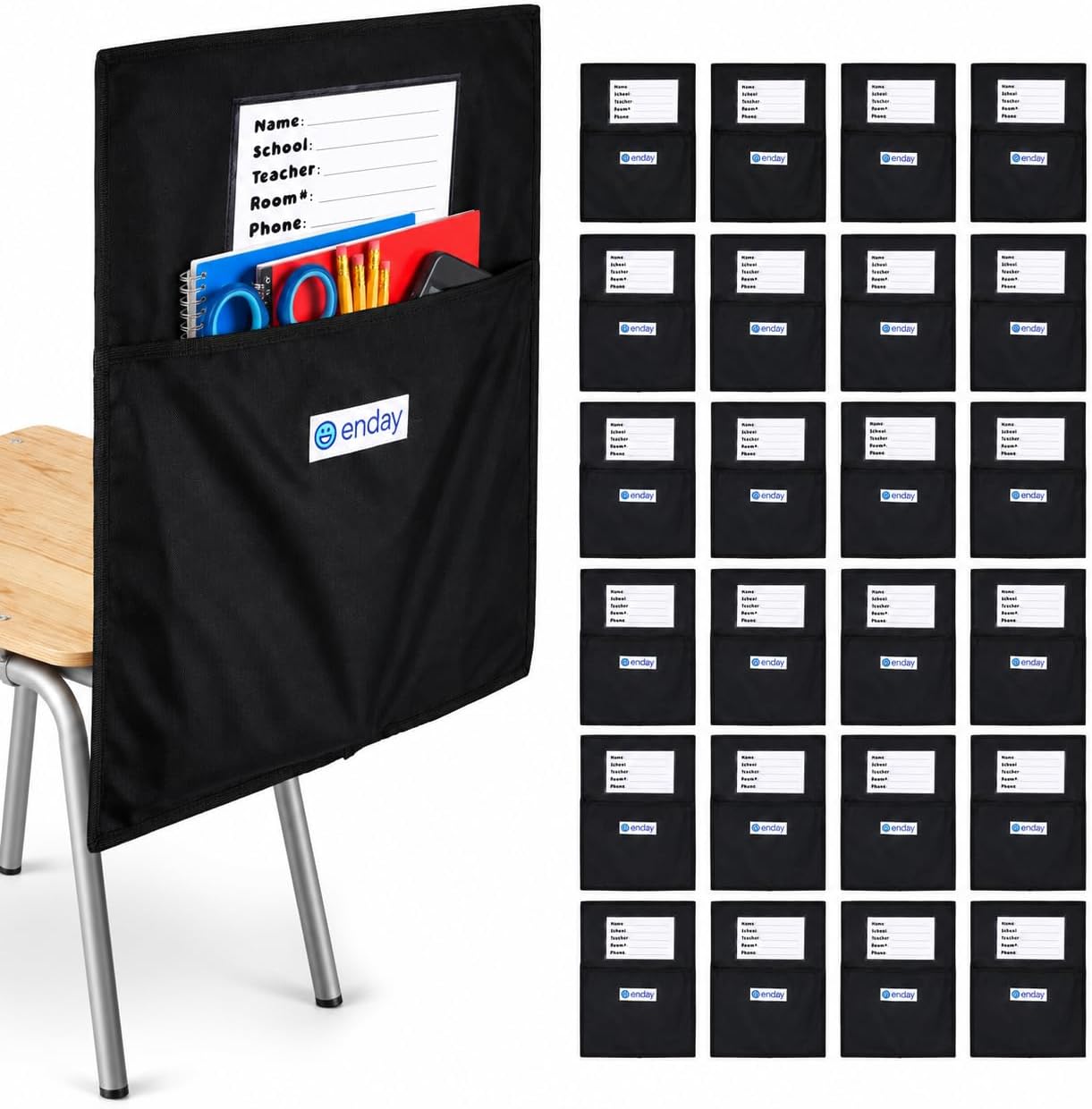 Enday Chair Pockets for Classrooms Set of 24, Premium Student Chair Pockets, Deep Seat Sacks for Classroom Chairs, Heavy Duty Chair Bags for Books & School Supplies Organizer