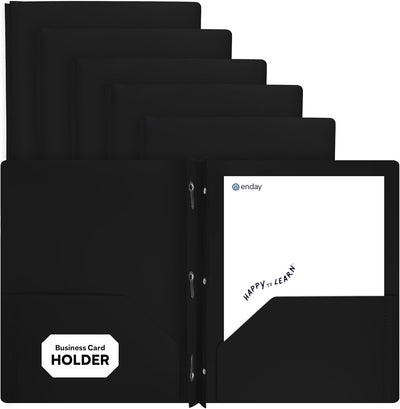 Plastic Folders with Pockets and Prongs Black, Two Pocket Folder with Brads, 3 Prong Folders with Pockets for Letter Size Sheets (6 Pack) - by Enday