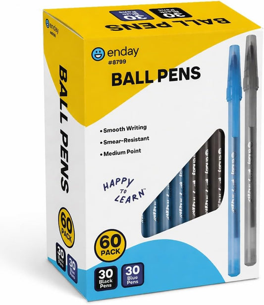 Ballpoint Pens Bulk (60 Pack) 30 Black & 30 Blue - Medium Point