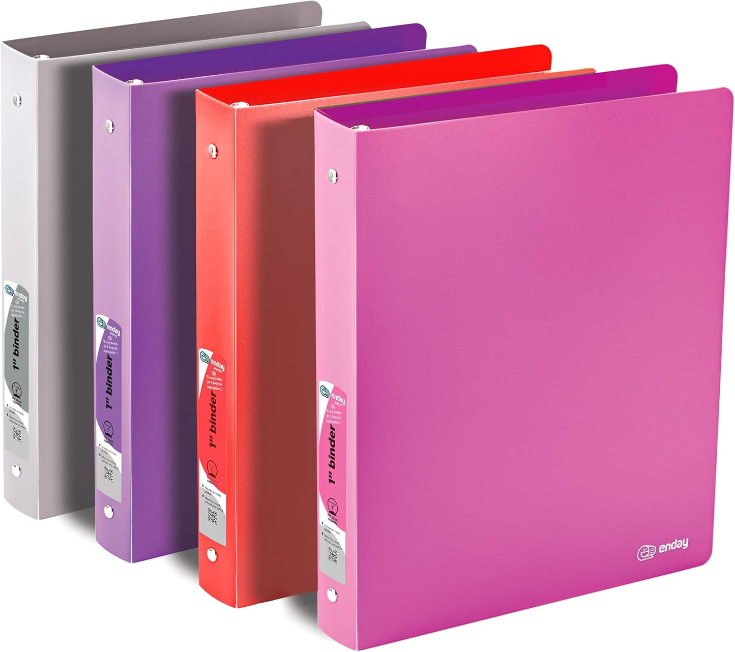 1 Inch Binders 3 Ring, 1” Soft Plastic Flexible Cover Round Ring with a Pocket Binder, Holds 175 Sheets, Binders for Home and School Supplies in Purple, Red, Pink and Grey (Pack of 4) – by Enday