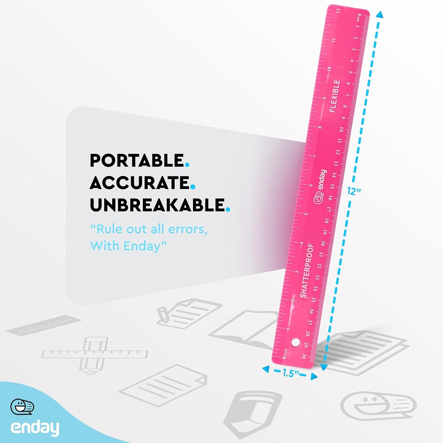 Emraw 12 inches (30 cm) Shatterproof Flexible Rulers Designed in Black, Blue, Green, Pink, Purple, and Orange - Great for School, Home, & Office – (6 Pack)