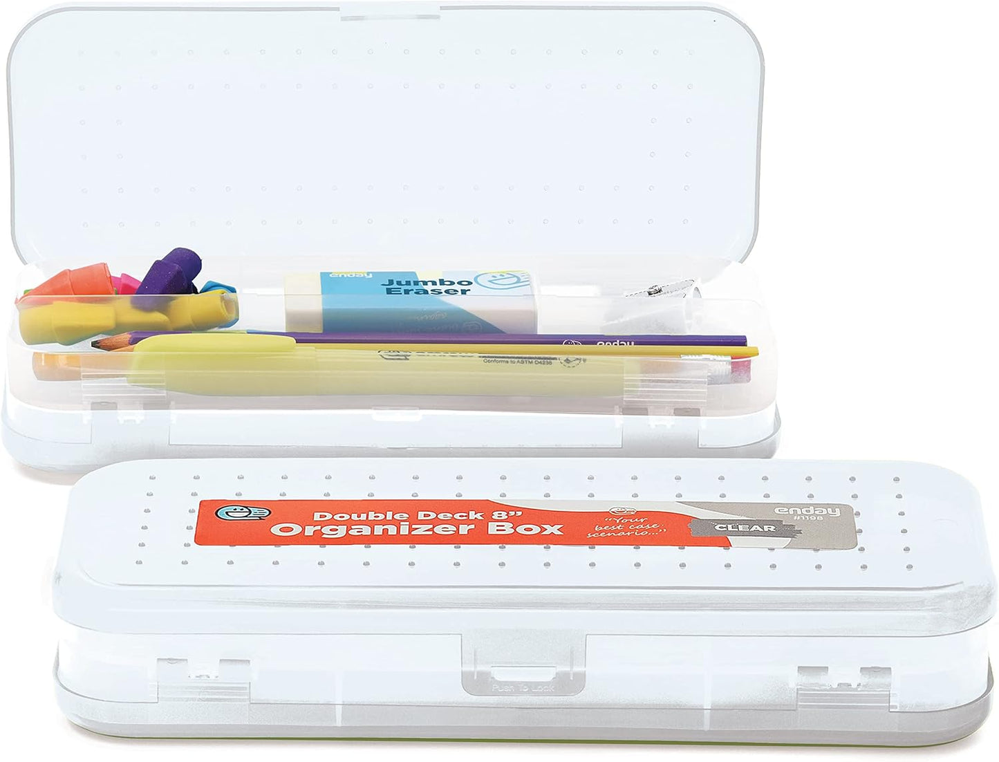 Enday Pencil Box Blue, Plastic Double Deck Pencil Case with 7 Compartments, Box Organizer with Snap Closure for Home and Office