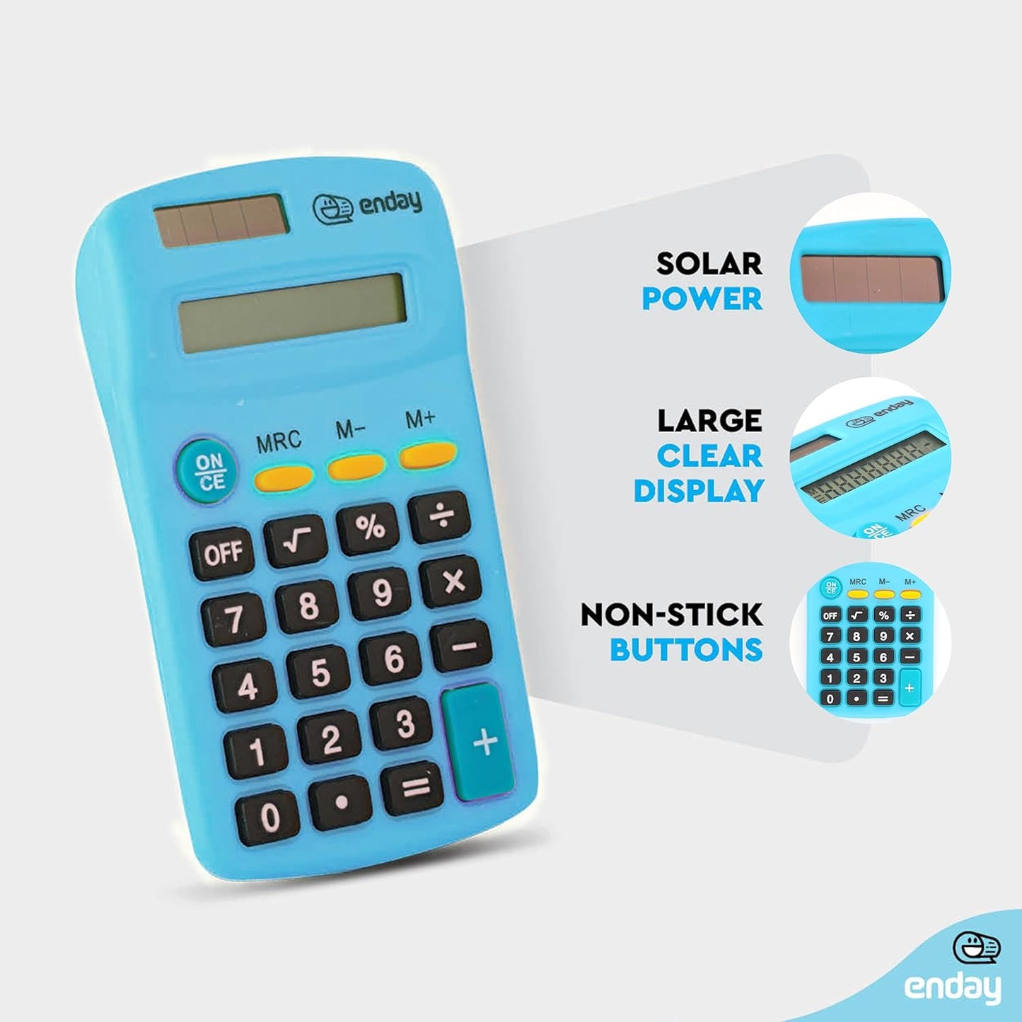 Calculator Blue, Basic Small Solar and Battery Operated, Large Display Four Function, Auto Powered Handheld Calculator School and Kids Available in Green, Red, Purple, Grey, Pink, 1 PK â€“ by Enday