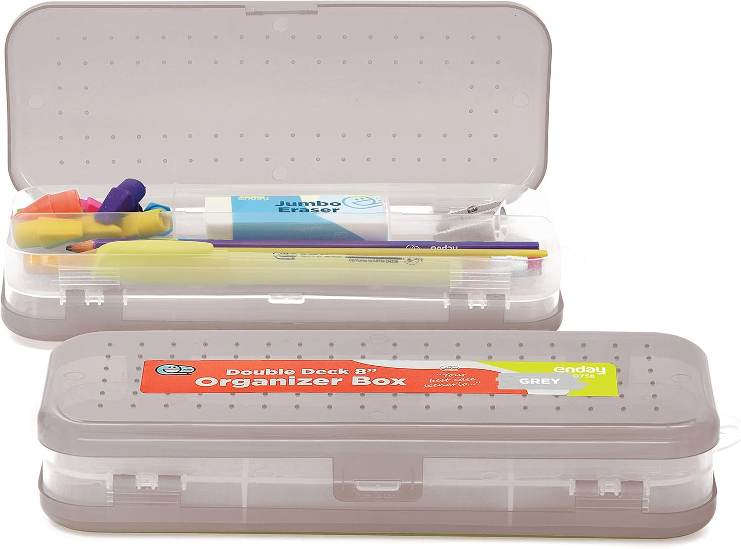 Enday Pencil Box Blue, Plastic Double Deck Pencil Case with 7 Compartments, Box Organizer with Snap Closure for Home and Office