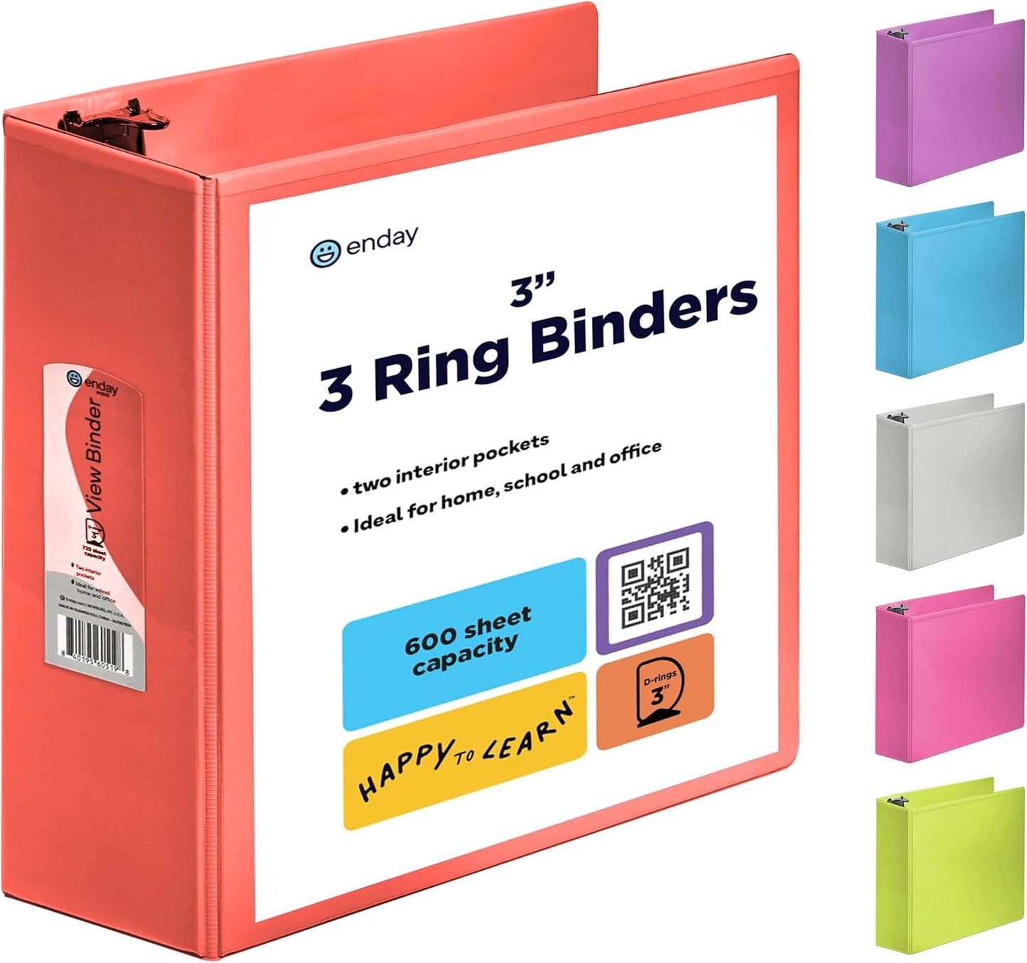3 Ring Binder Clear View Cover with 2 Inside Pockets, Colored School Supplies Office and Home Binders – by Enday