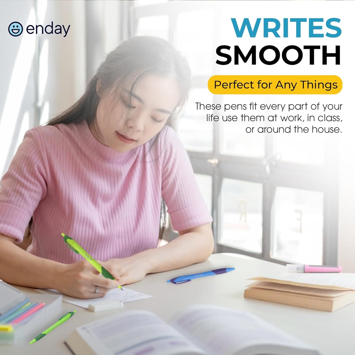 Enday Pens Bulk (75 Pack), Retractable Ball Point Pens Black Ink, Medium Point (1.0mm), Comfortable Grip, Smooth Writing Pens for School & Office