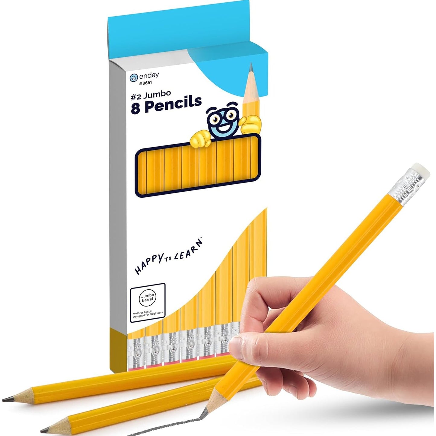 Emraw Enday Jumbo Pencils For Preschoolers (8 Pack) No 2 for Kids, Kindergarten School Supplies, Fat Pre-Sharpened Round Pencil with Eraser Top, Thick Pencils for kids ages 4-8