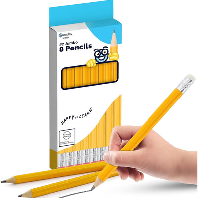 Emraw Enday Jumbo Pencils For Preschoolers (8 Pack) No 2 for Kids, Kindergarten School Supplies, Fat Pre-Sharpened Round Pencil with Eraser Top, Thick Pencils for kids ages 4-8