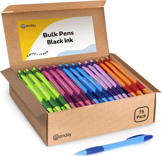 Enday Pens Bulk (75 Pack), Retractable Ball Point Pens Black Ink,