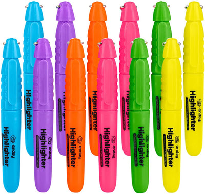 Emraw Mini Fluorescent Highlighter with Cap Clip. Smooth Glide Solid Gel Student Study Kit Assorted Colors, (12 Pack)
