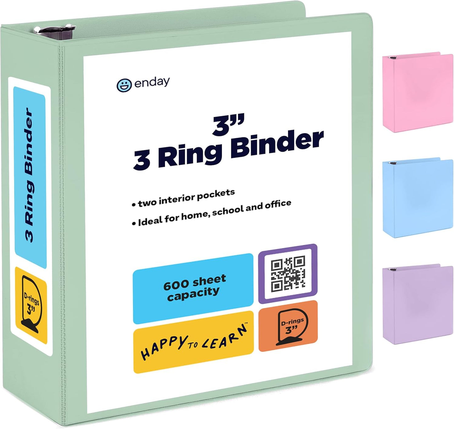 Enday Binders Pastel 3 Ring Binder, Clear View Cover for Letter Size 8.5 x 11'' Paper & 2 Inside Pockets, Ideal for School Supplies, Office, and Home (select inch size)