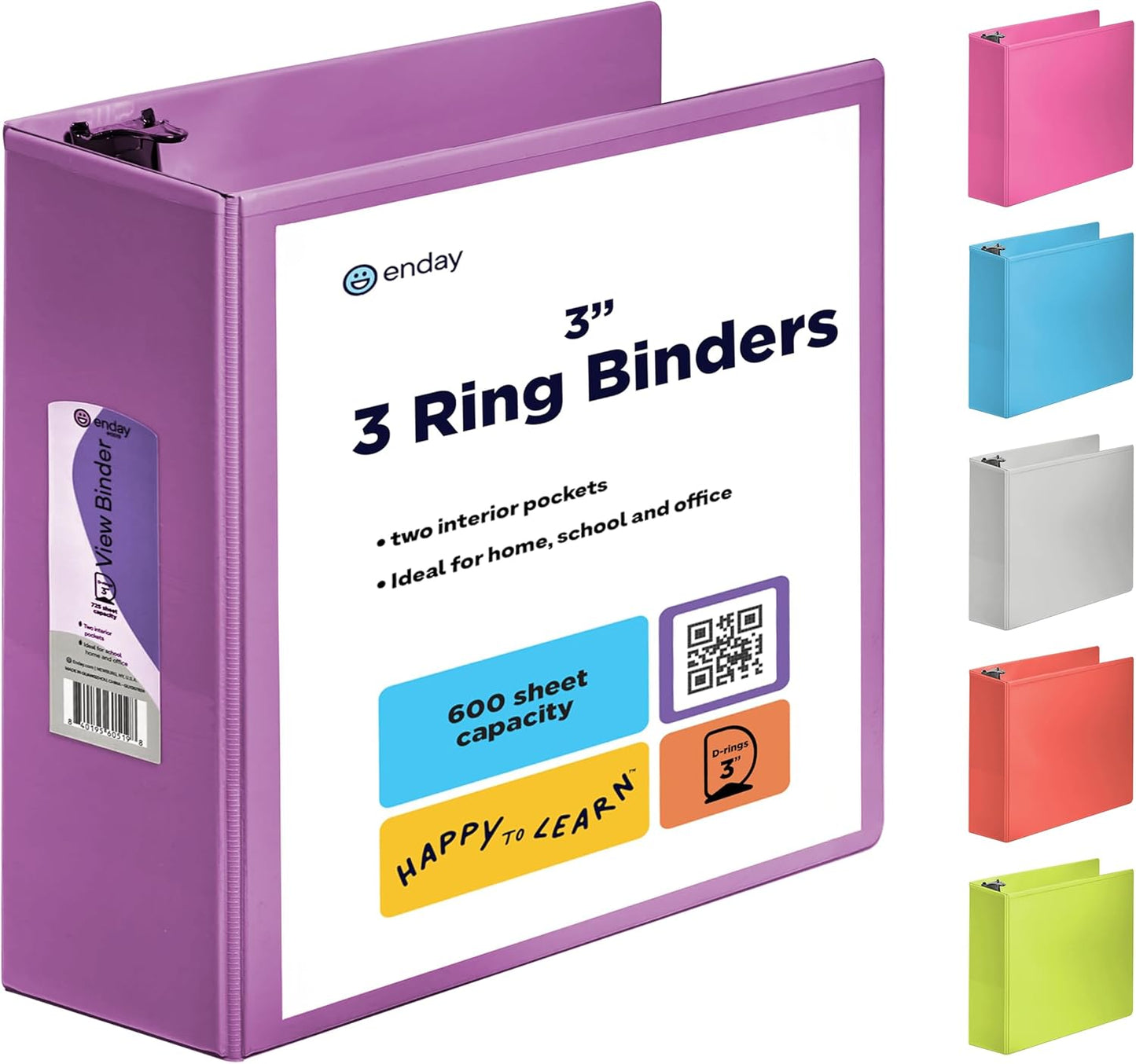 3 Ring Binder Clear View Cover with 2 Inside Pockets, Colored School Supplies Office and Home Binders – by Enday