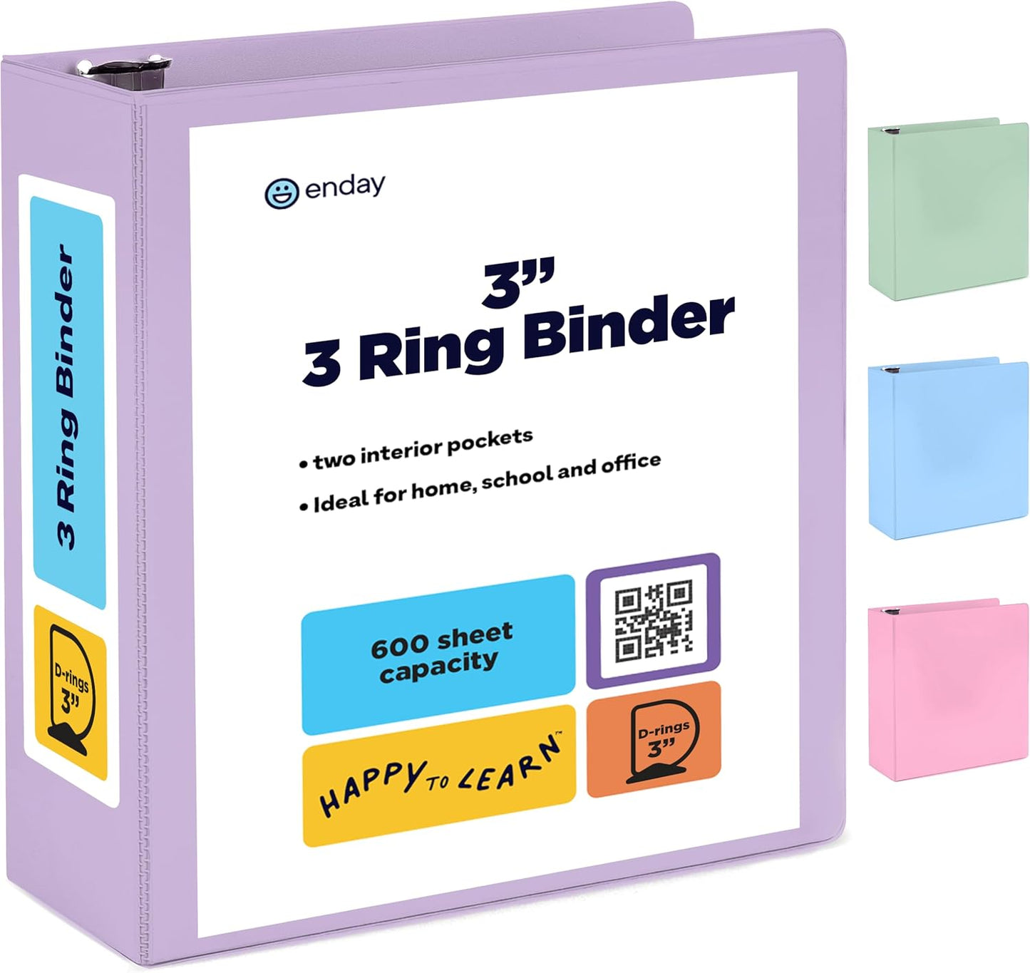 Enday Binders Pastel 3 Ring Binder, Clear View Cover for Letter Size 8.5 x 11'' Paper & 2 Inside Pockets, Ideal for School Supplies, Office, and Home (select inch size)