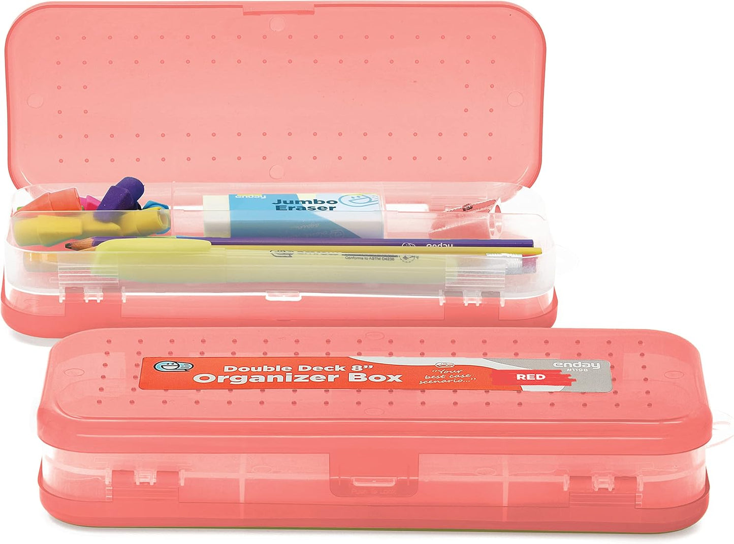 Enday Pencil Box Blue, Plastic Double Deck Pencil Case with 7 Compartments, Box Organizer with Snap Closure for Home and Office