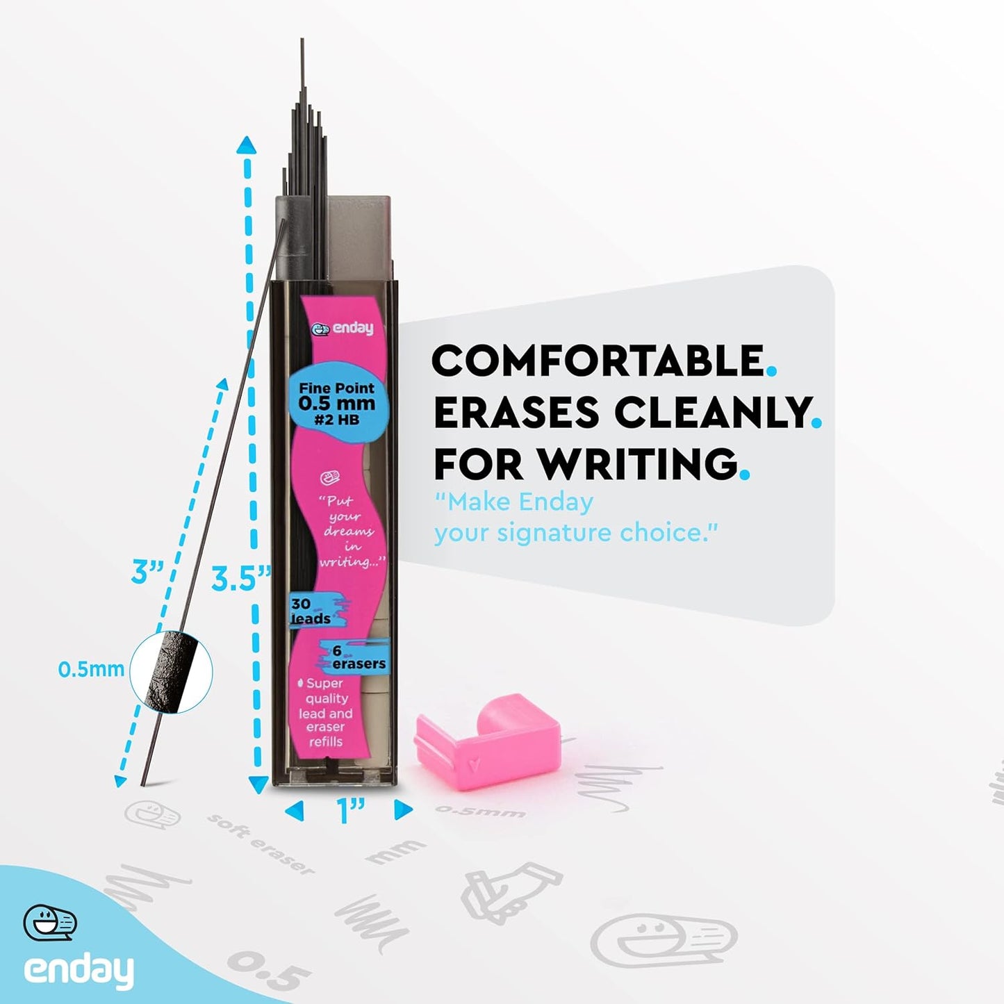 Enday Mechanical Pencil Refills, Black HB #2 Lead, White Eraser, Pack of 3 (30 Leads & 6 Erasers)