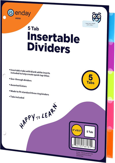 Binder Dividers with Tabs, 5 Dividers for 3 Ring Binder Standard Index Folder Dividers, Plastic Multicolor Dividers with White Insertable Tabs â€“ by Enday (5-Tab, 1 Pack)
