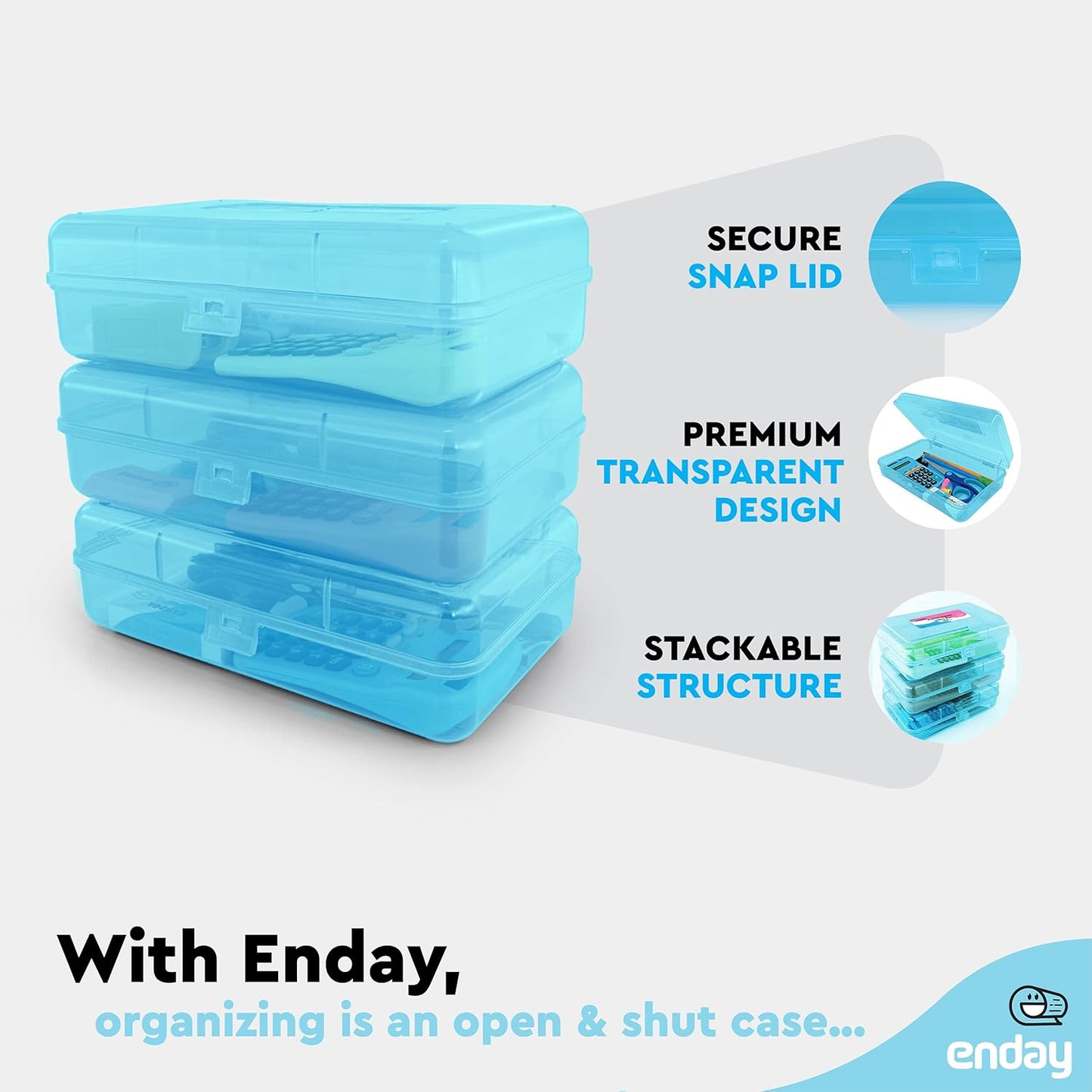 Enday Plastic Pencil Box Case Blue, Multipurpose Storage Organizer, Large Capacity School and Office Supplies with Snap Lid Utility Box, Also Available in Purple, Pink, Red, Green, Grey, 1 Pc