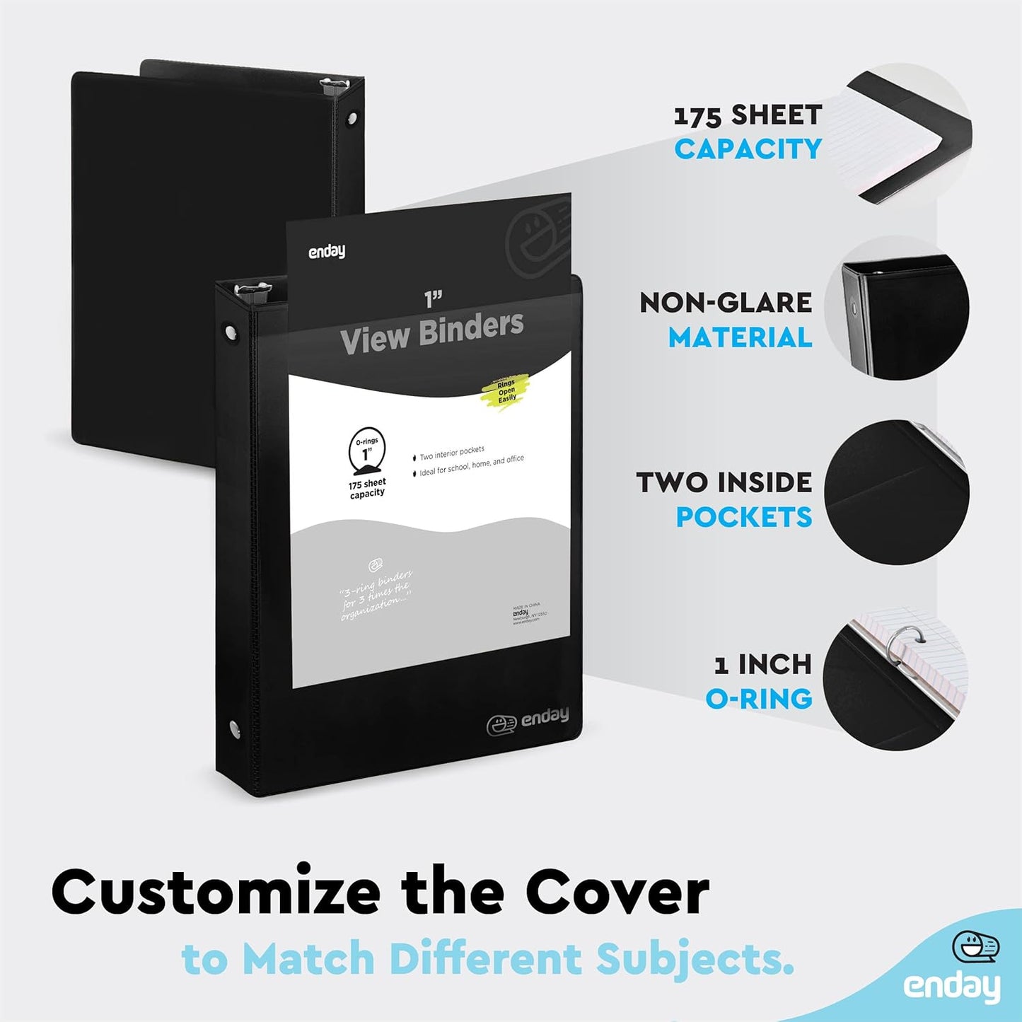 1 Inch 3 Ring Binder 1â€ Binder Black Clear View Cover with 2 Inside Pockets, Colored School Supplies Office and Home Binders â€“ by Enday