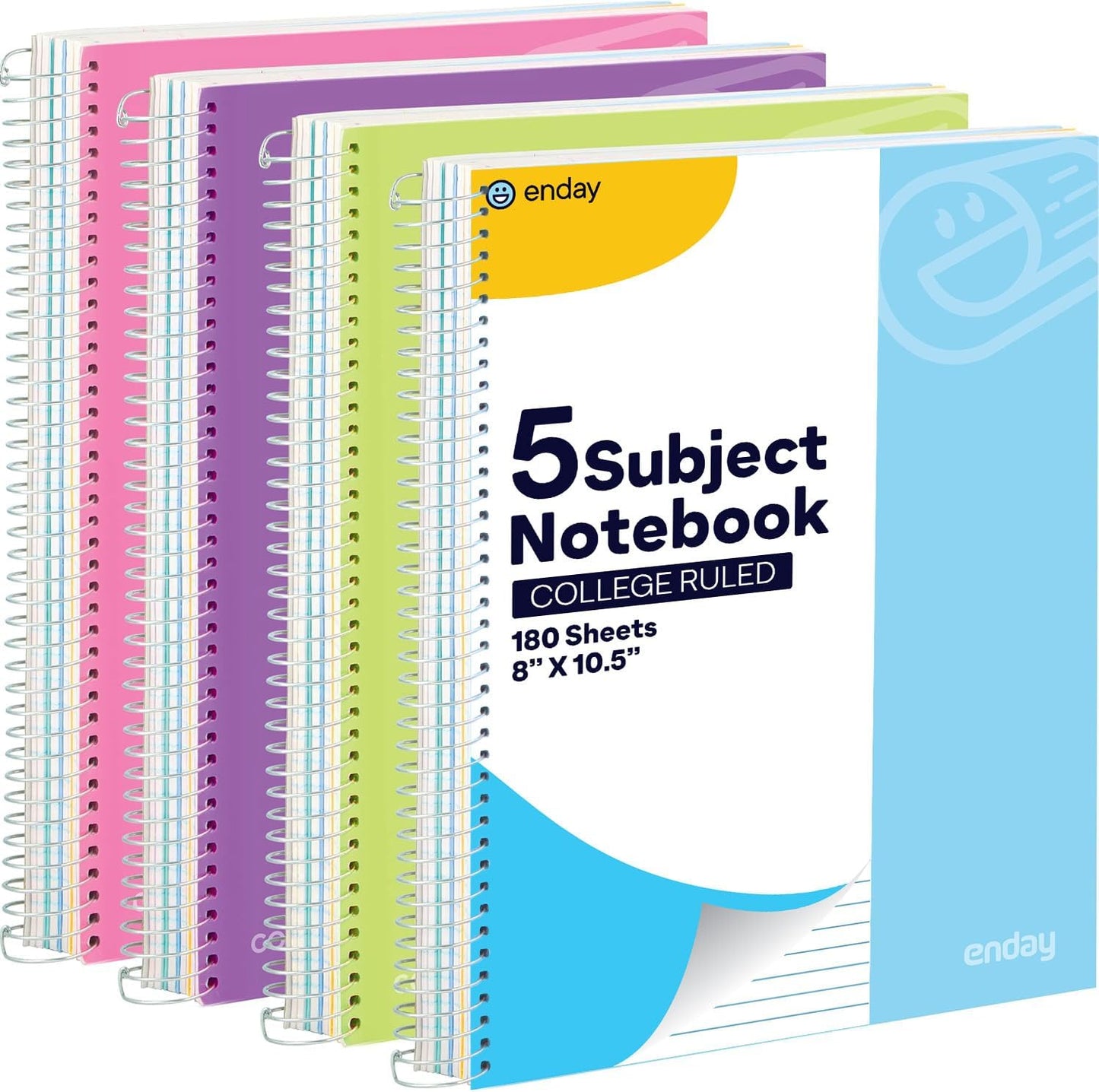 Emraw 5 Subject Notebook College Ruled Spiral White Paper 180 Sheets Perfect for Writing Sketching in class, Home, Office (Pack of 4)