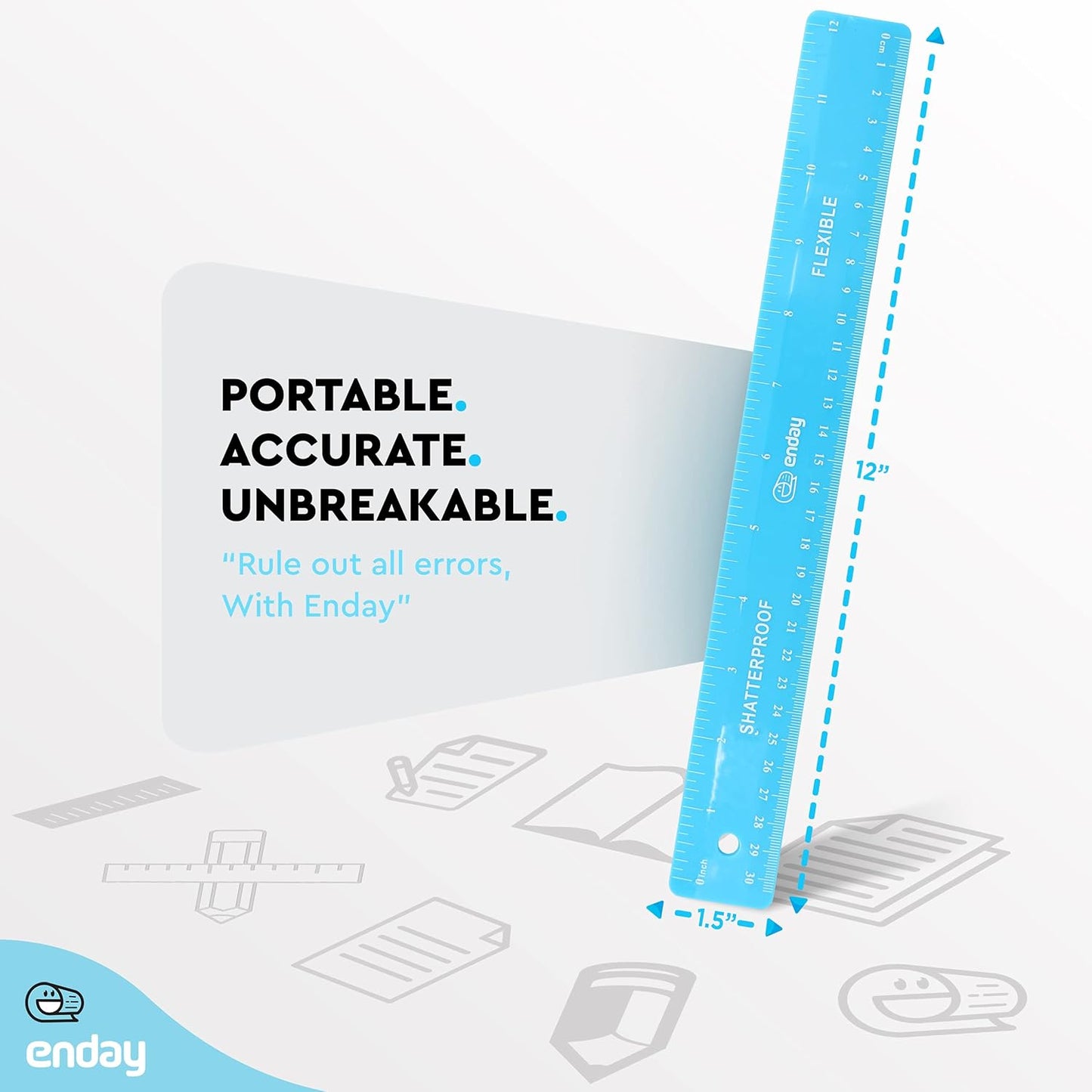 Enday Flexible Blue 12 in (30 cm) Soft Plastic Shatter Resistant Straight Edge Ruler, Bendable Kids & Adults Ruler w/Inches & Metrics