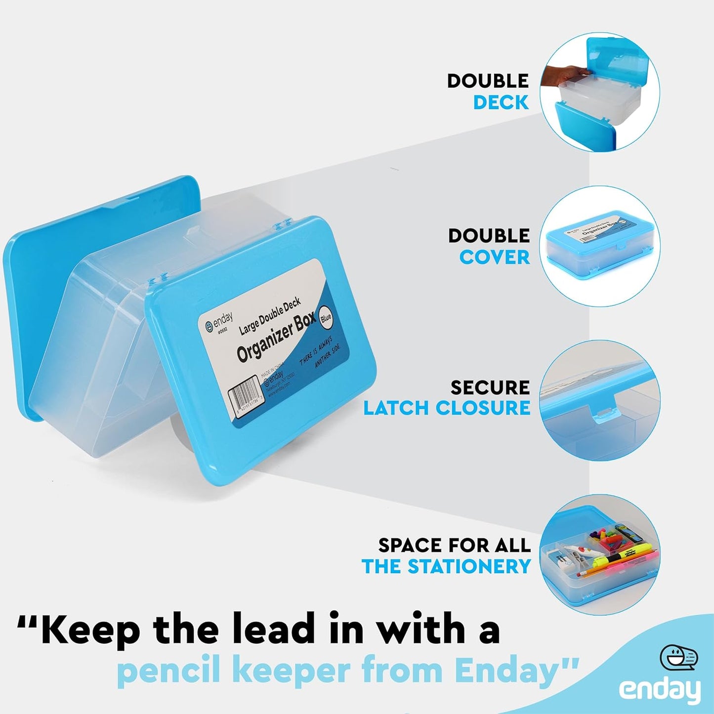 Enday Pencil Box Blue, Large Capacity Plastic Double Deck Box with 12 Compartments, Plastic Pencil Box with Snap-Tight Lid, Hard Pencil Case Storage Organizer Pencil Boxes