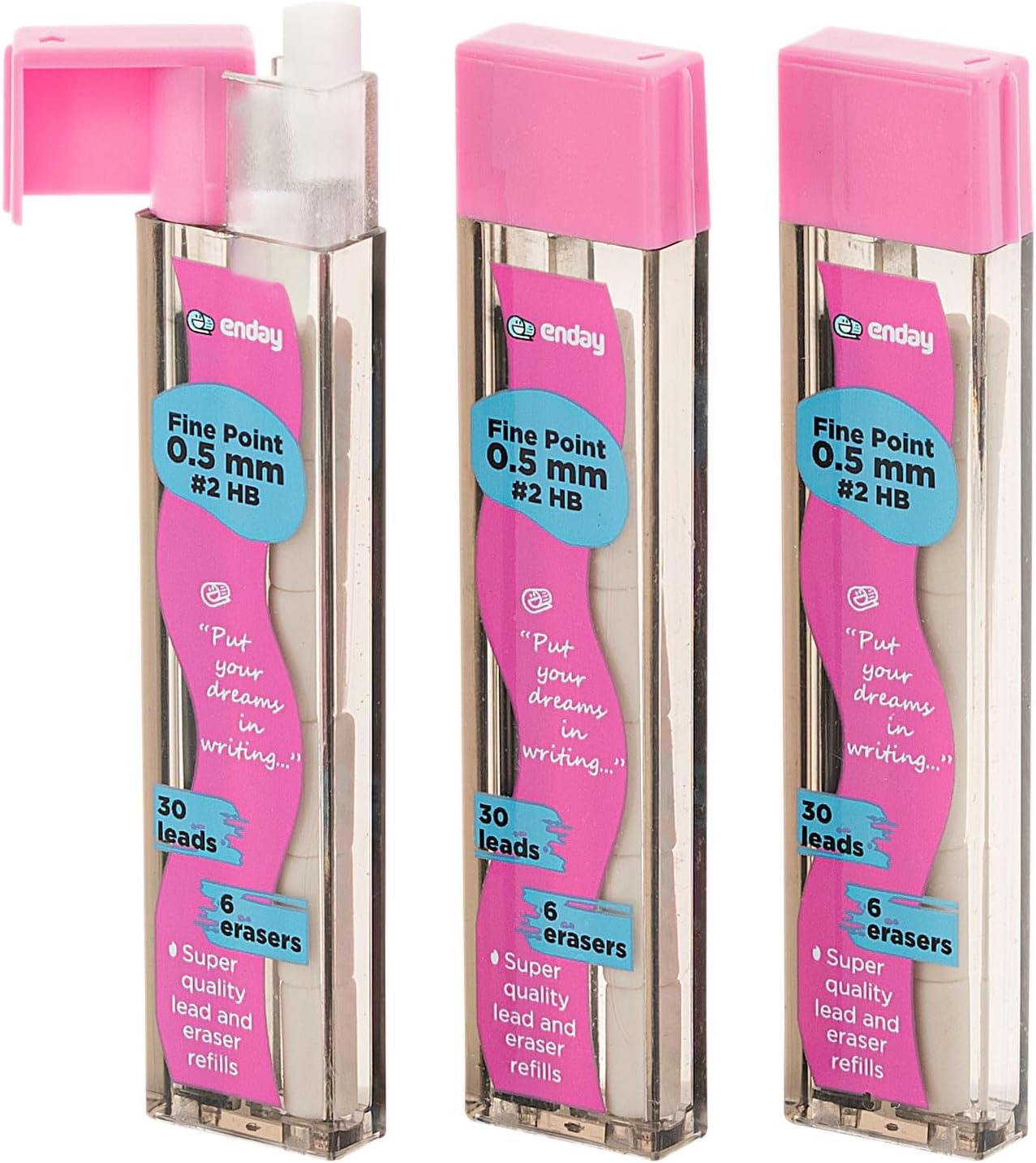 Enday Mechanical Pencil Refills, Black HB #2 Lead, White Eraser, Pack of 3 (30 Leads & 6 Erasers)