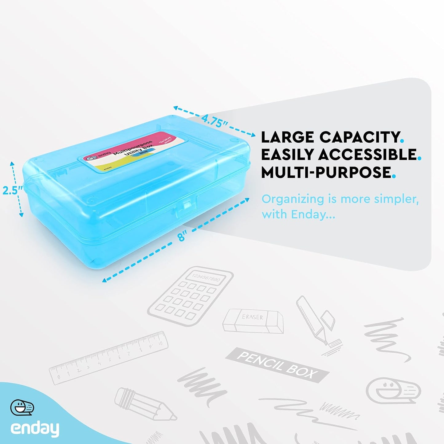 Enday Plastic Pencil Box Case Blue, Multipurpose Storage Organizer, Large Capacity School and Office Supplies with Snap Lid Utility Box, Also Available in Purple, Pink, Red, Green, Grey, 1 Pc