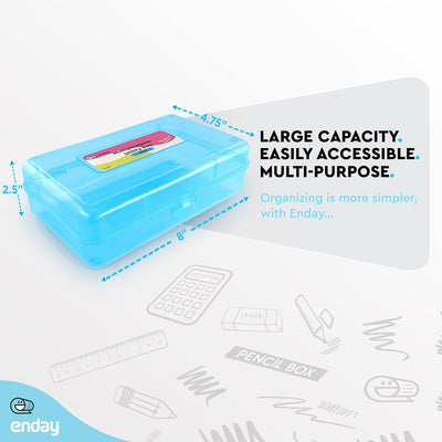 Enday Plastic Pencil Box Case Blue, Multipurpose Storage Organizer, Large Capacity School and Office Supplies with Snap Lid Utility Box, Also Available in Purple, Pink, Red, Green, Grey, 1 Pc